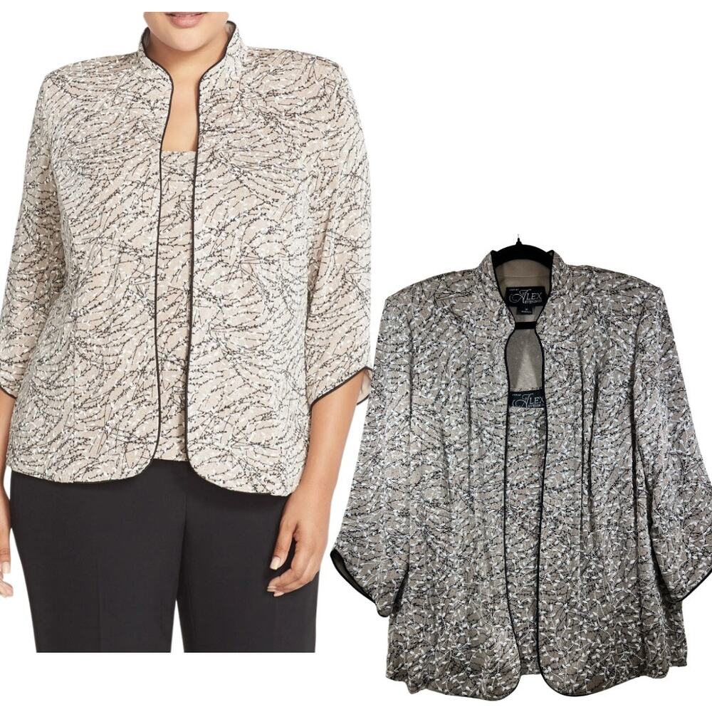 Alex Evenings Beige Sparkle Floral Slinky Twinset Top & Blazer Jacket Womens 1X